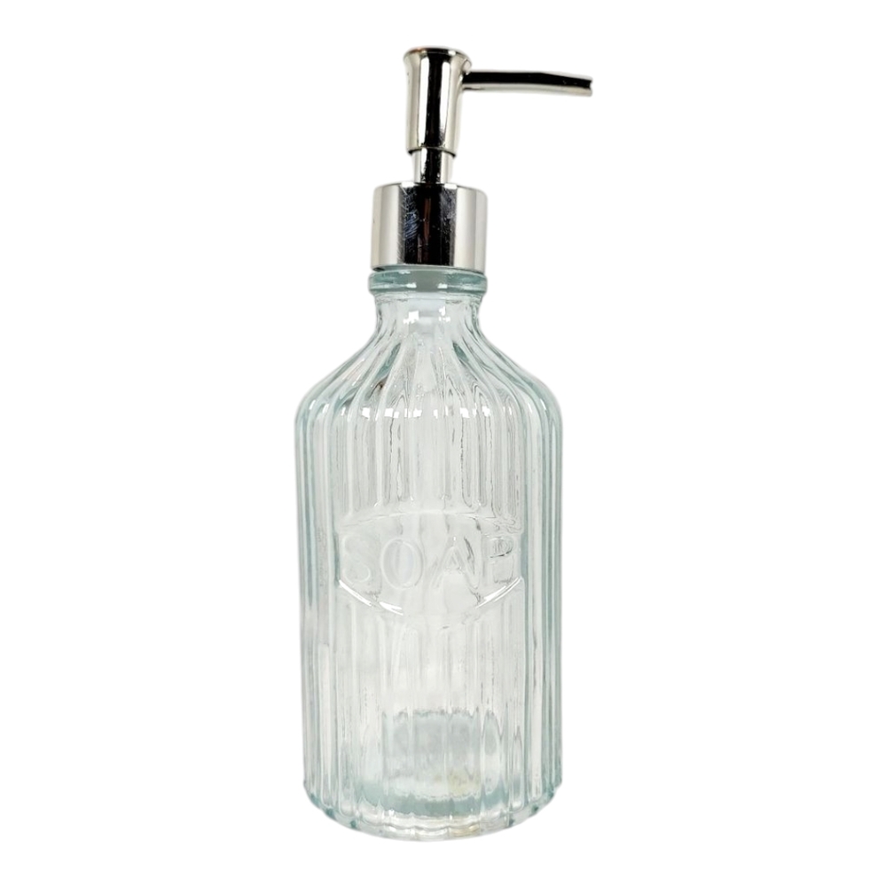 Comfort Bay Decorative Clear Glass & Silver Plastic Lid Pump Soap Dispenser New